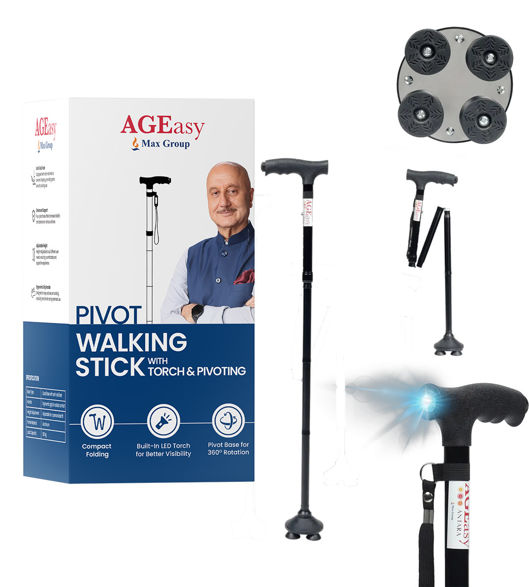 AGEasy Pivot Walking Stick with Torch (Black)